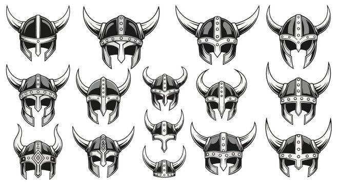 A collection of Viking helmets with horns, presented in a graphic illustration style.