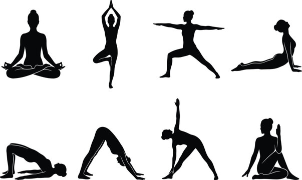 Yoga Pose Silhouette Collection Featuring Meditation Stretching Balance and Fitness Exercise Vector Pose Silhouette Collection Featuring Meditation Stretching Balance and Fitness Exercise Vector Set