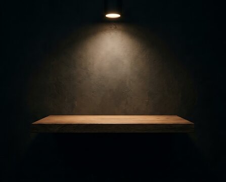 Empty wooden shelf on dark wall with overhead spotlight for product display