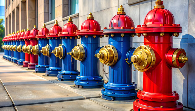 Row of Red and Blue Fire Hydrants Lined Up on Sidewalk.