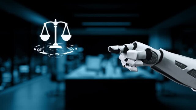 This image illustrates the intersection of artificial intelligence and justice, showcasing a robot arm pointing towards scales symbolizing balance in the legal system. Synapse