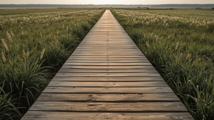 Fototapeta premium Wooden boardwalk leading through marsh grass at sunset, serene natural landscape