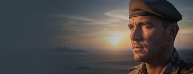 Obraz premium Soldier in camouflage and beret looking into distance during sunrise. Portrait of professional military man reflecting on duty. War conflict concept and veteran tribute. Banner with copy space