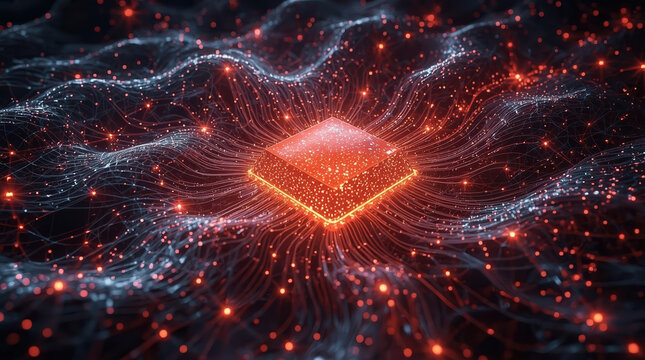 Glowing quantum processor core surrounded by flowing data lines and red light