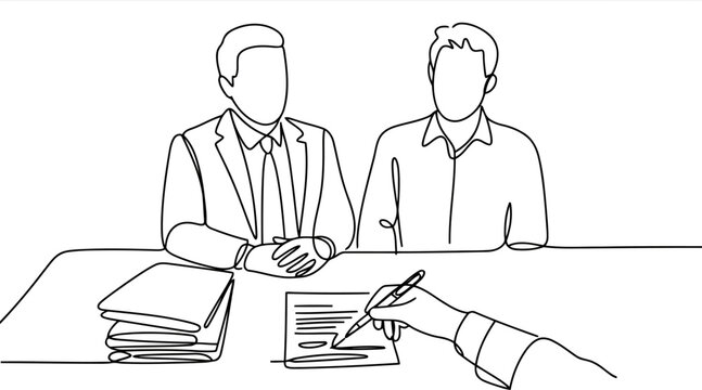 Two men in suits with a hand signing a document at a table in a continuous line style stack
