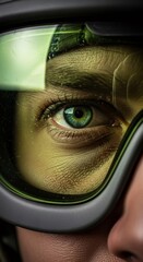 Obraz premium Close up of soldier eye reflecting scenery in tactical goggles. Portrait of armed woman in military gear. Intensity and focus of warrior in combat situation. National defense and security.