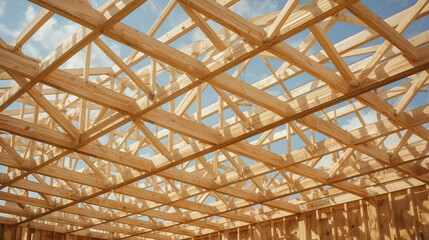 Fototapeta premium Wooden roof truss framework blue sky bright light reliable construction