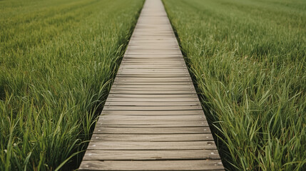 Obraz premium Wooden boardwalk through green grass leading toward horizon with calm mood