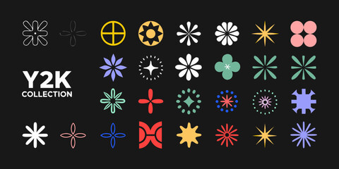 Geometric Floral Ornament Collection Y2k Style Vector Illustration On Black Background abstract floral arrangement art deco black background © Tapas