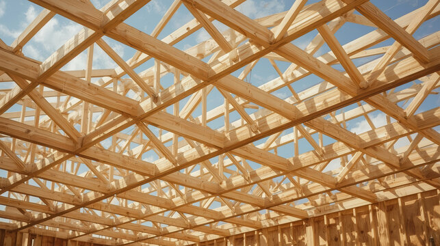 Wooden roof truss framework blue sky bright light reliable construction