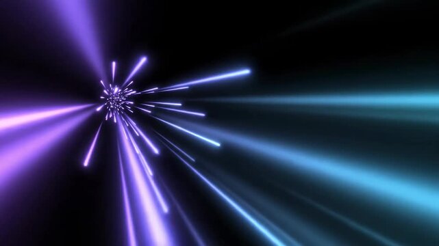Futuristic Warp Speed Effect with Glowing Purple and Blue Light Streaks on Black Background, Ideal for Sci-Fi Backgrounds or High-Tech Motion Graphics.