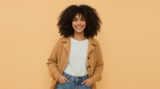 Young woman smiling with casual jacket and jeans, confident relaxed portrait