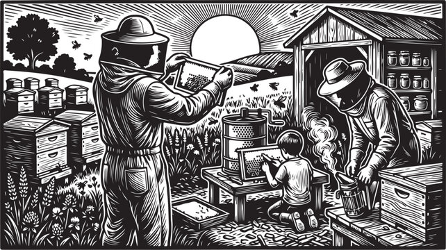 Beekeeping, beekeepers, apiary, bee farm, black and white illustration