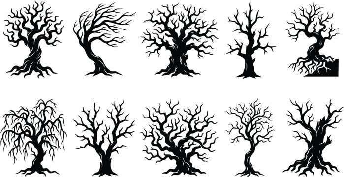 Collection of Spooky Bare Trees Silhouettes on White Background