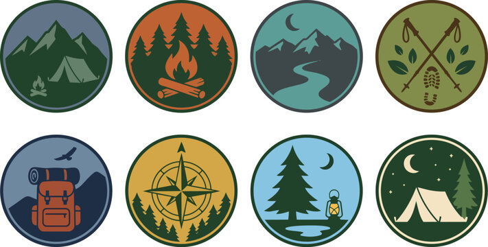 Adventure camping vector badge collection with mountain and forest themes