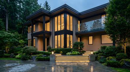 Fototapeta premium Luxury Contemporary Forest Villa with Floor to Ceiling Glass and Warm Evening Lighting