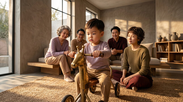 A multi-generation Asian family gathers in a bright modern living room, watching a young child play with a vintage-style ride-on toy.