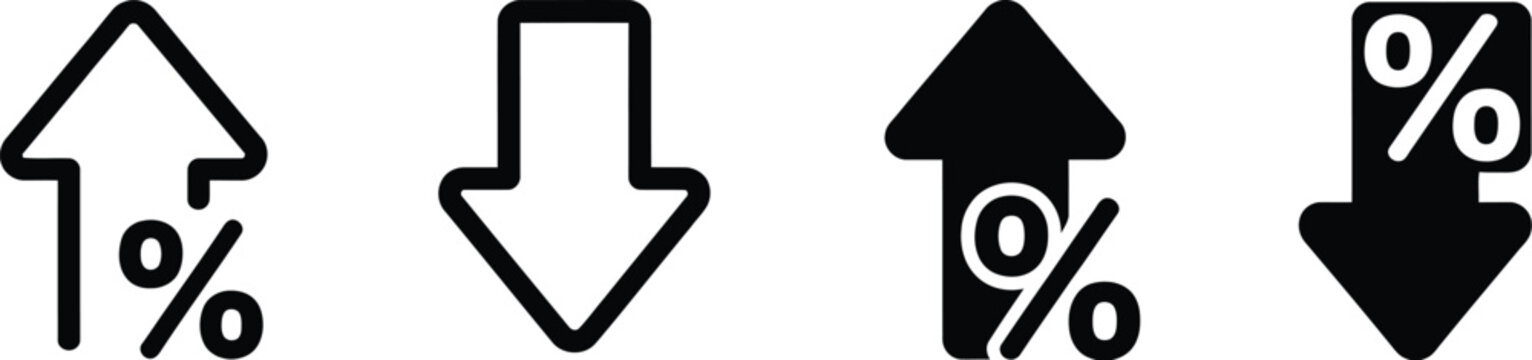 Percentage rate arrow icon set featuring percent symbols with upward and downward arrows, representing price increase, decrease, profit changes, and financial growth concepts.
