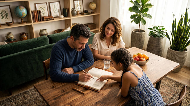 A family sits at a wooden table at home, with parents guiding their girl as she does homework in a cozy living space.