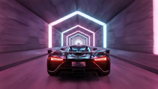 Futuristic Supercar Speeding through a Neon-Lit Hexagonal Concrete Tunnel with Blue and Pink Lights, Ideal for Sci-Fi Racing Concepts and High-Tech Automotive Backgrounds.