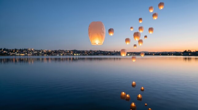 Sky lanterns ascend into the twilight sky above a serene lake reflecting the warm glow of distant city lights and the fading sunset colors in a moment of peaceful celebration