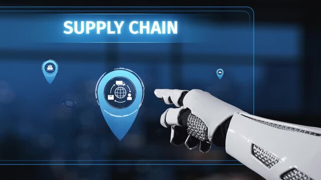 A robotic hand points at a digital interface displaying supply chain data, showcasing advanced technology in business logistics and automation. Synapse
