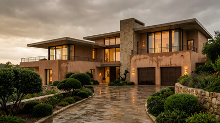 Fototapeta premium Luxury Contemporary Stone Villa Exterior with Elegant Landscaping at Golden Hour