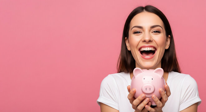 Happy smiling woman holding pink piggy bank perfect for smart finance investment and professional savings budget concepts