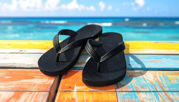 Black Flip Flops Resting on a Colorful Beach Boardwalk with Ocean Background.