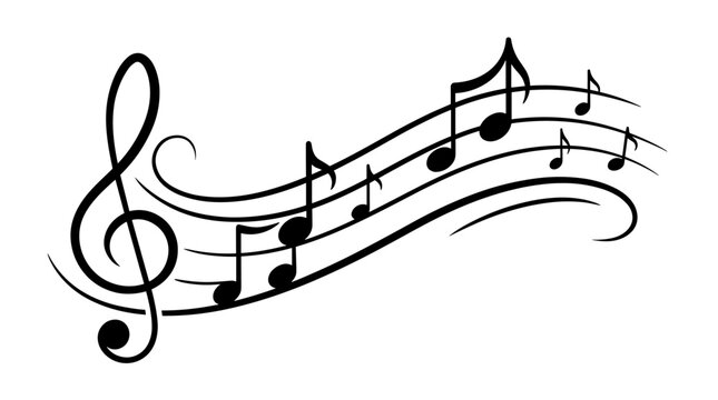 Wavy musical notes staff silhouette with black treble clef and flowing music notes vector illustration isolated on white