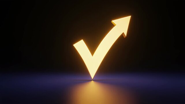 Glowing golden checkmark with upward arrow, reflected on glossy surface against dark background