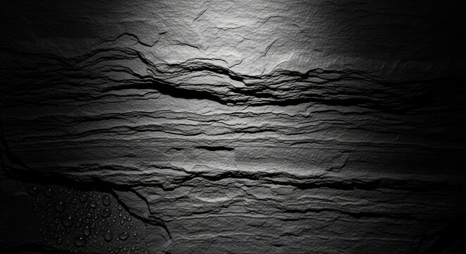Detailed flat lay of dark textured basalt stone slab with horizontal weathered grooves and soft central light