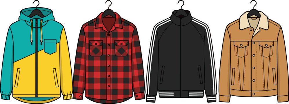 Vector collection of men fashion jackets on hangers featuring colorful colorblock windbreaker red flannel plaid shirt black track jacket and brown sherpa coat