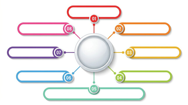 Modern infographic template with 8 numbered steps, colorful circular mind map vector, business process diagram with blank text boxes for presentation