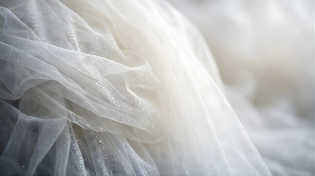 White glittery tulle fabric background with soft folds for wedding design