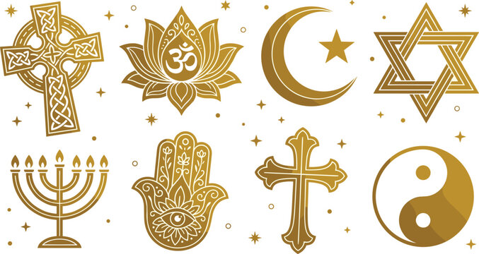 Vector collection of golden religious symbols featuring Celtic cross Om lotus Islam crescent star Star of David menorah hamsa Christian cross and yin yang