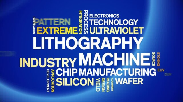 Lithography Machine animated word cloud-text design animation tag kinetic typography seamless loop.
