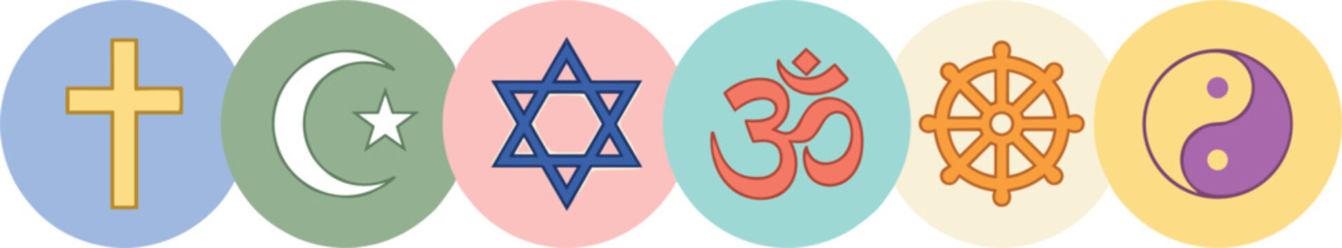  Vector collection of colorful round religious symbols featuring Christian cross Islam crescent star Star of David Om wheel of dharma and yin yang
