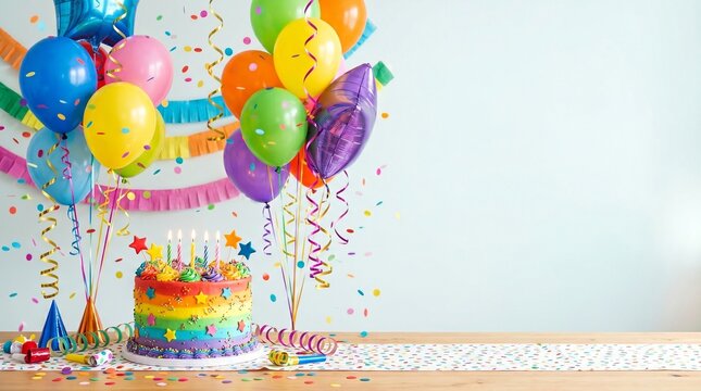 Vibrant birthday celebration with a rainbow cake, colorful balloons, and scattered confetti, perfect for joyful festive occasions and party backgrounds