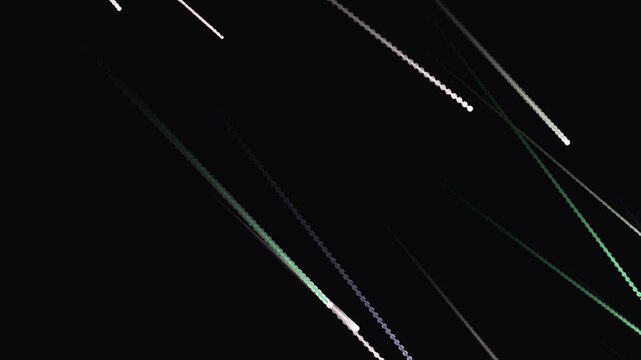 Shooting stars create dynamic light trails across a deep black background, simulating a meteor shower with glowing particles.