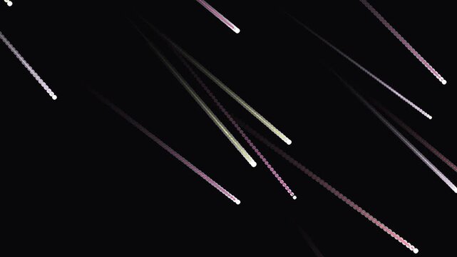 Shooting stars create dynamic light trails across a deep black background, simulating a meteor shower with glowing particles.
