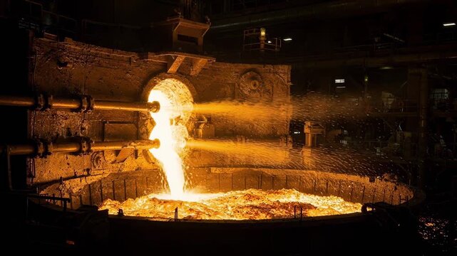 Medium shot of industrial furnace with airblowing tuyeres injecting oxygen refining molten matte into blister copper amidst glowing molten metal and rising sparks.
