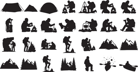 Fototapeta premium Mountain Camping Adventure Silhouettes Icon Set in Black and White Line Art Style