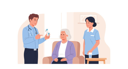 Obraz premium Doctor and Nurse Consult Elderly Patient Regarding Medication in Clinic