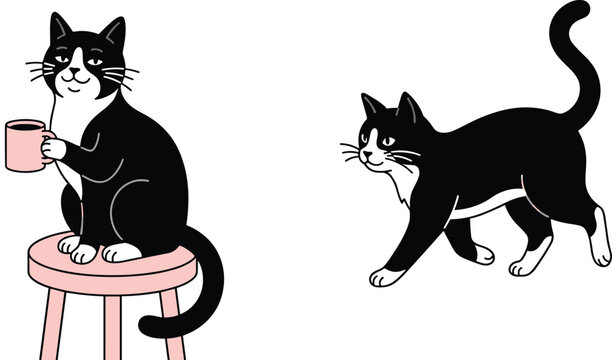 Cute Tuxedo Cat Collection with Coffee Mug, Sitting Cat, Walking Cat, Cozy Pet Lifestyle, and Cartoon Feline Illustrations