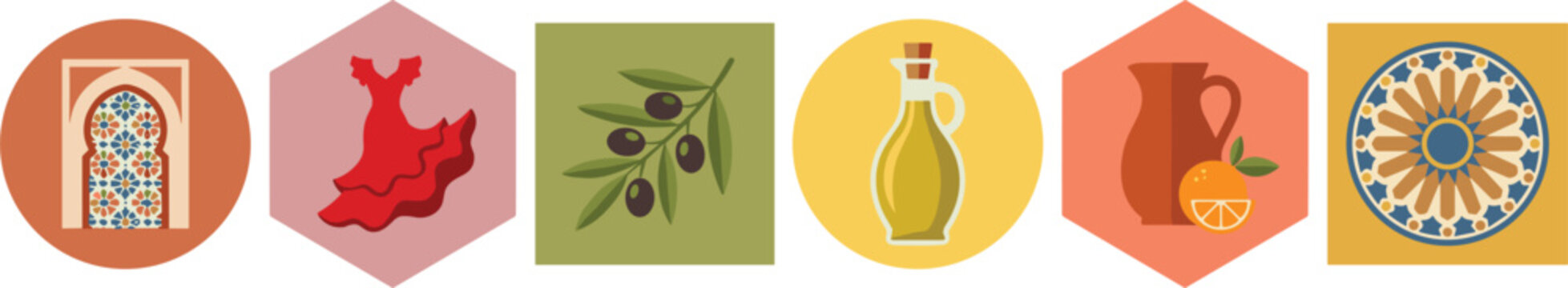  Vector collection of Spanish culture icons featuring Moorish arch flamenco dress olive branch olive oil bottle sangria pitcher and ceramic tile pattern