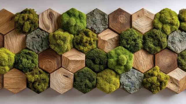 Top view of abstract oak hexagon wall installation with moss in varying green shades on white background, high-resolution modern geometric design, textured natural decor, artistic pattern composition