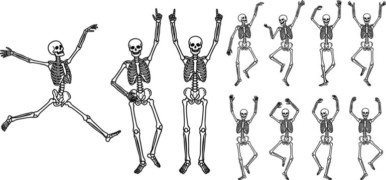Dancing Skeleton Character Set with Halloween Skeleton Poses, Spooky Party Movements, and Anatomical Bone Illustrations