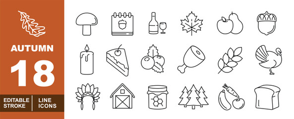 Autumn Line Icon Set. Mushroom, Calendar, Wine, Leaf, Fruits, Acorn, Candle, Cake, Berries, Meat, Wheat, Turkey, Headdress, Barn, Honey, Forest, Vegetables, Bread, Thanksgiving. © Catostd