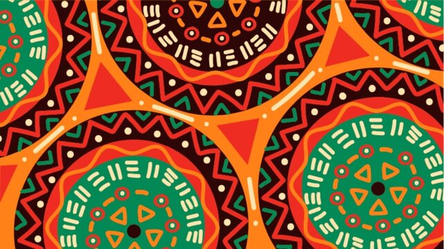 Tribal seamless pattern with ethnic circular motifs and geometric ornaments in vibrant red green orange and dark brown